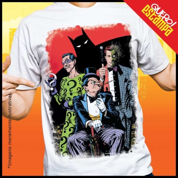 quero estampa camiseta batman charada pinguim duas-caras