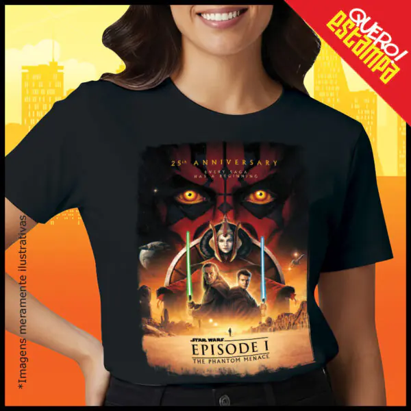 Camiseta preta Quero Estampa com arte de aniversário de Star Wars: Episódio I, destacando o vilão Darth Maul e os Cavaleiros Jedi.
