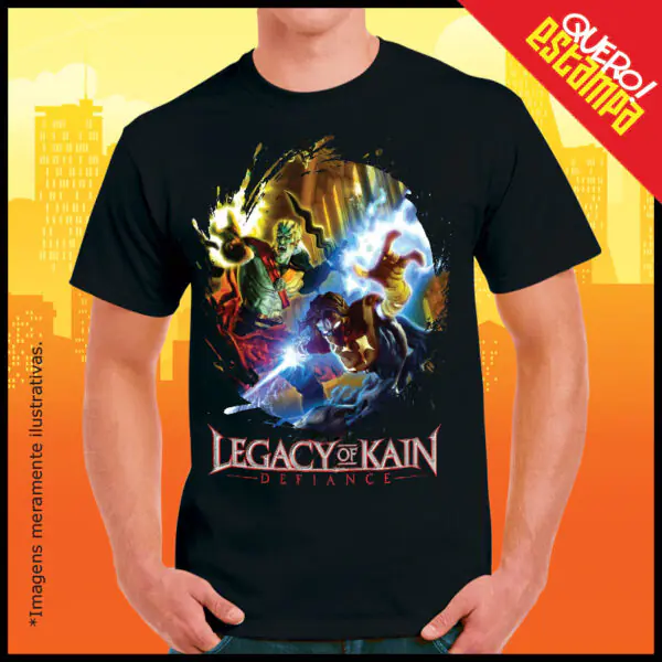 Estampa de camiseta preta do jogo Legacy of Kain Defiance com Raziel e Kain.